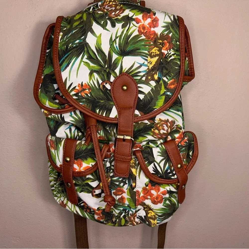 Tropical Backpack Colorful Green White Tan Brown Faux Leather Trim Travel School
